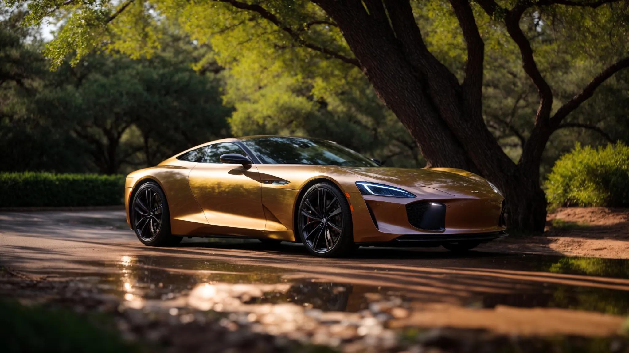 a gleaming, freshly polished car glistens under the bright texas sun, showcasing its flawless, reflective surface free from water spots, surrounded by the vibrant greenery of bryan, tx.