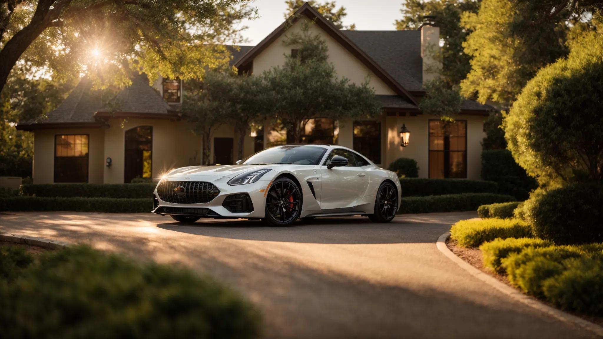 a pristine, gleaming car sits on an immaculate driveway under the warm glow of golden hour sunlight, surrounded by lush greenery, embodying the excellence of professional car detailing near the estates at williams creek in bryan, tx.