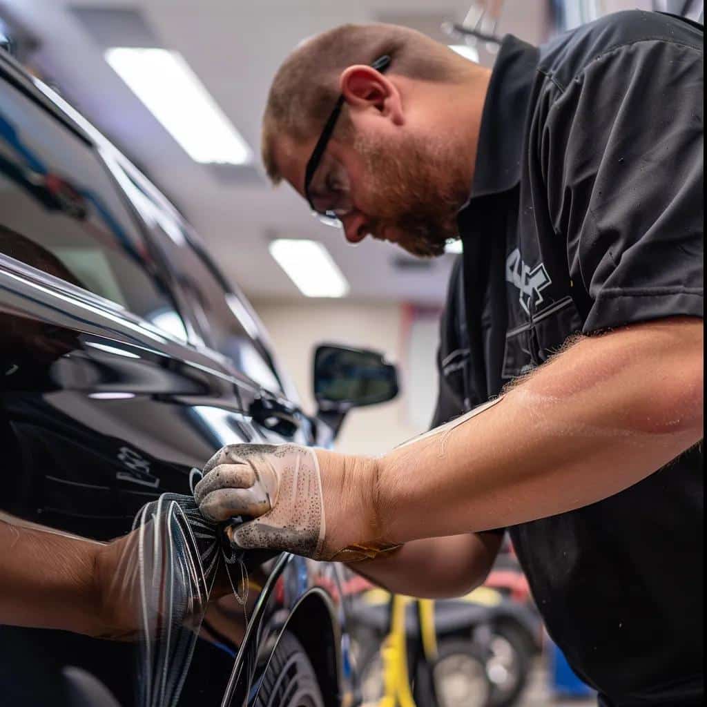 Technician at EnvyThis Detailing performing expert scratch repair on APEAK Paint Protection Film