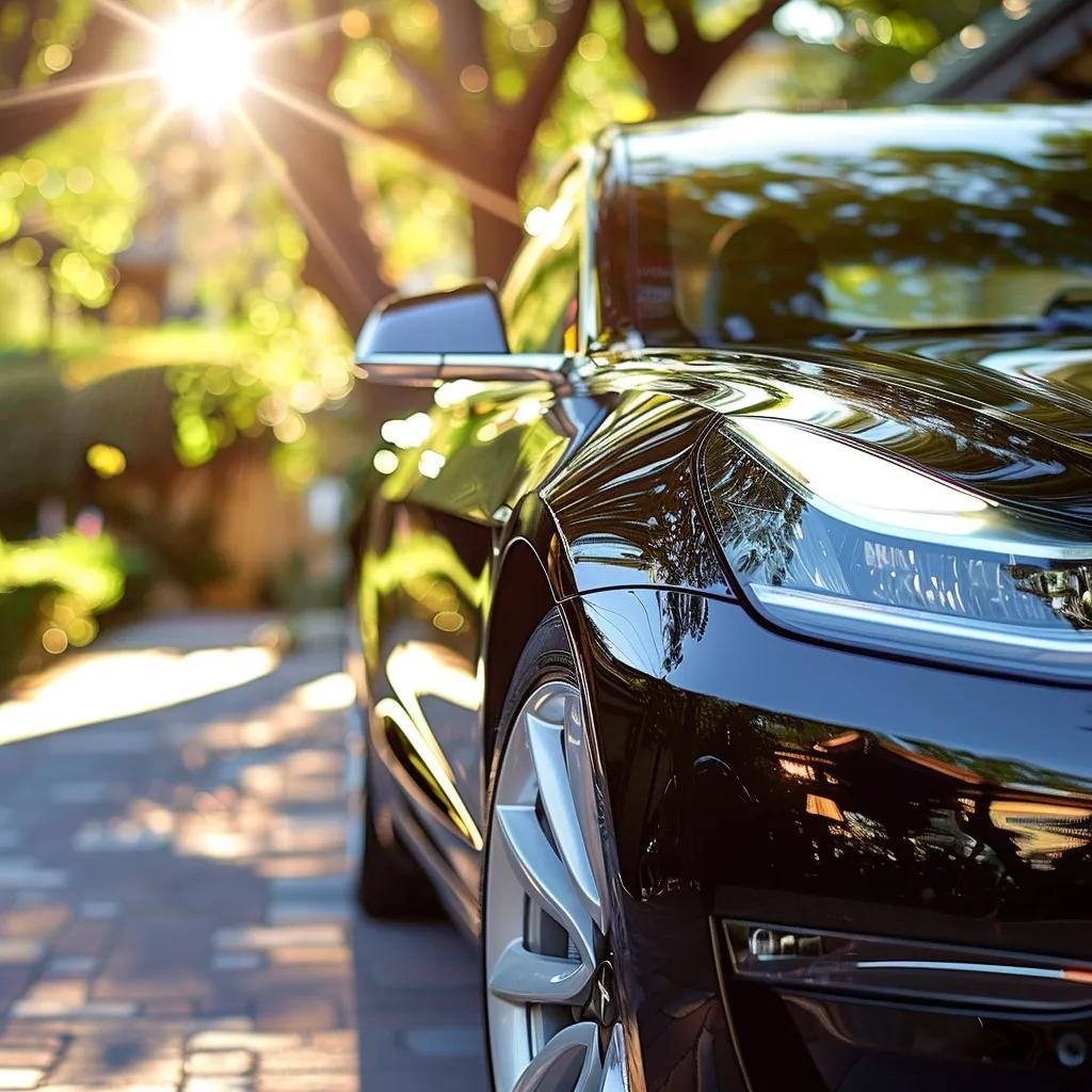 Shiny vehicle with clear paint protection film reflecting sunlight, showcasing its pristine condition