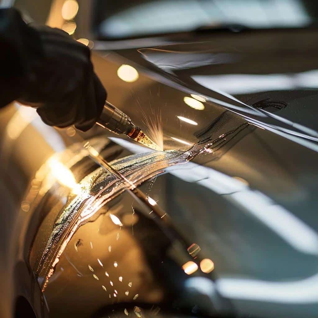 Close-up of APEAK Paint Protection Film self-healing from a minor scratch with heat application