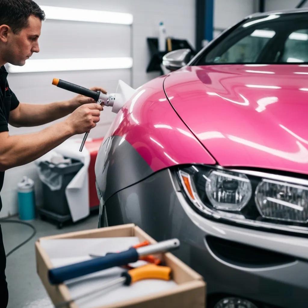 Car being vinyl wrapped in a professional workshop, showcasing vibrant colors and installation tools