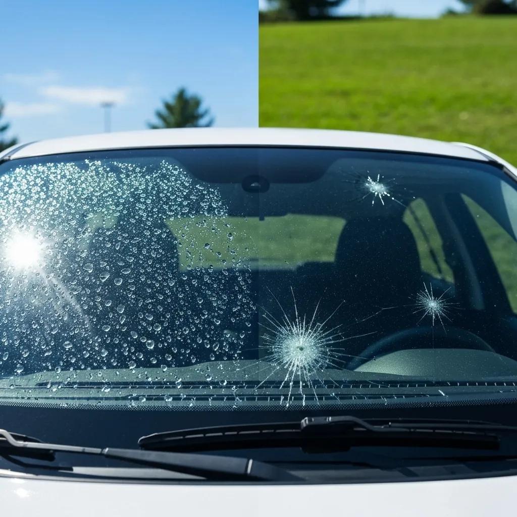8fac0104-d265-4285-9cc8-5db06b392eb3.jpg Comparison of a protected and unprotected windshield, highlighting the benefits of windshield protection film