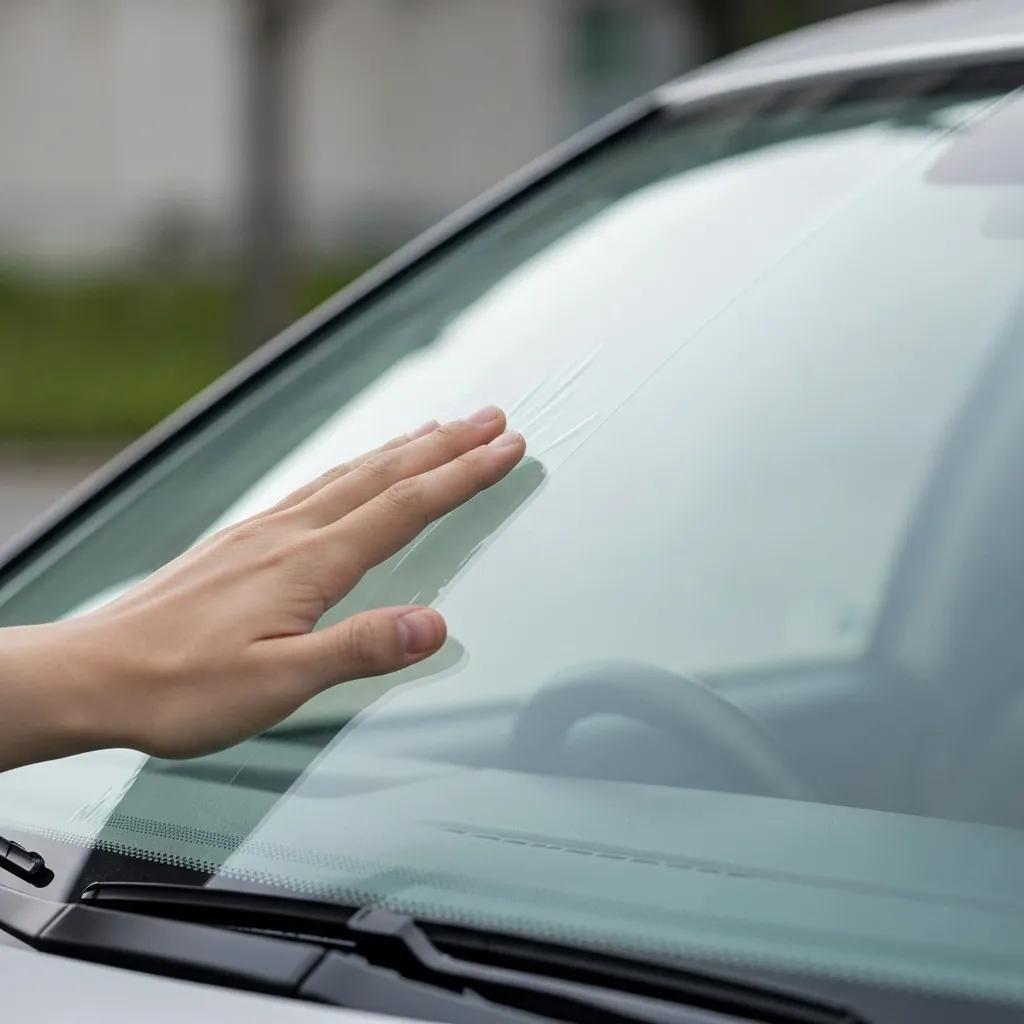 a1ab9bac-d937-4ad1-9425-5535bb08027f.webp Close-up view of a car windshield featuring protective film, highlighting its exceptional clarity and scratch resistance