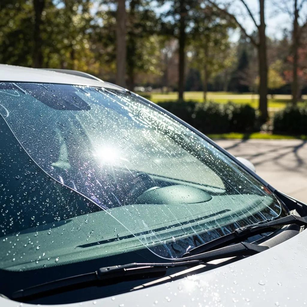 Car windshield with protective film showing clarity and water repellency