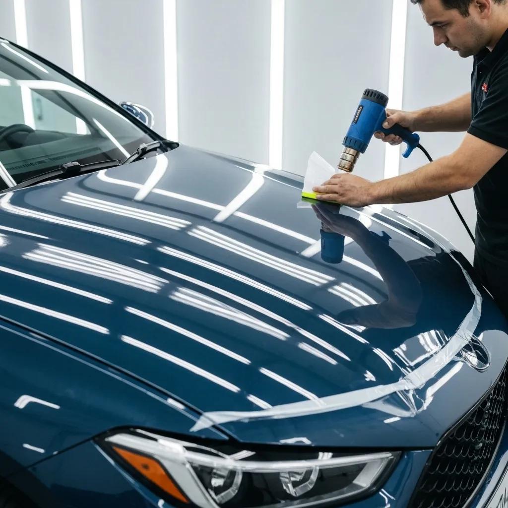 Car being professionally treated with Paint Protection Film in a garage setting